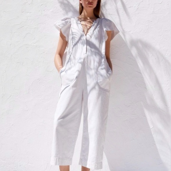 Zara White Rustic Cap Flutter Sleeve Jumpsuit Belted Cotton Summer Sz Small - Picture 2 of 16